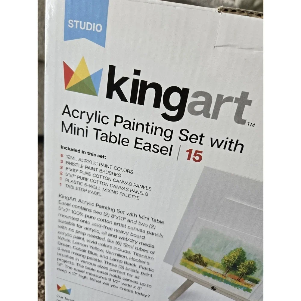 NEW KingArt Acrylic Painting 15 Piece Set Mini Easel 6 Acrylic Paints 3 Brushes